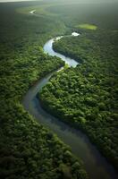 ai gegenereerd antenne visie van de amazonas oerwoud landschap met rivier- kromming. generatief ai foto