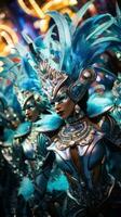 ai gegenereerd groep van carnavalsgangers gekleed in uitwerken kostuums, reeks tegen een levendig carnaval backdrop foto