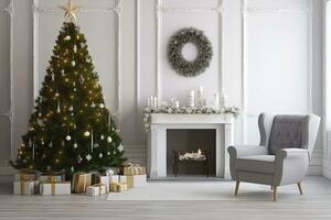 ai gegenereerd modern leven kamer met haard, Kerstmis boom, geschenk dozen en fauteuil. ai gegenereerd foto