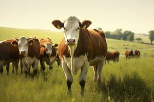 ai gegenereerd groep van koeien staand in een met gras begroeid veld. ai gegenereerd foto