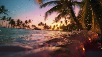 ai gegenereerd strand met golven en kokosnoot bomen Bij zonsondergang. generatief ai foto