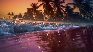 ai gegenereerd strand met golven en kokosnoot bomen Bij zonsondergang. generatief ai foto