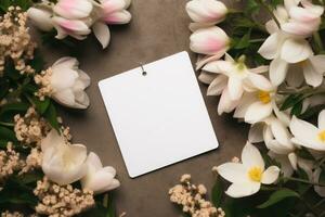 ai gegenereerd lay-out van een wit kaart met voorjaar bloemen foto