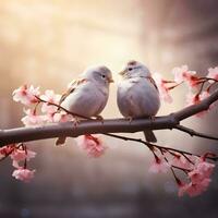 ai gegenereerd twee klein vogelstand Aan de Afdeling in een tuin foto