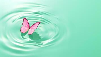 ai gegenereerd roze gekleurde vlinder Aan oppervlakte van water. concept van vlinder effect. foto