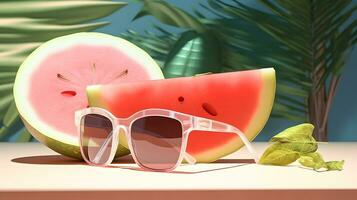ai gegenereerd watermeloen plak en zonnebril achtergrond met kopiëren ruimte foto