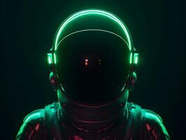 ai gegenereerd portret van astronaut of ruimtevaarder met groen neon licht. foto