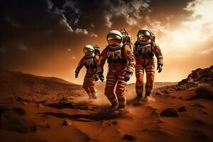 ai gegenereerd avontuur van drie ruimtevaarders of astronauten Aan Mars. foto