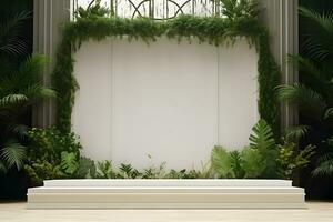 ai gegenereerd luxe mockup muur versierd door groen planten, kopiëren ruimte foto