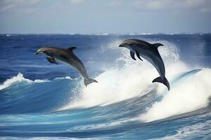 ai gegenereerd speels dolfijnen jumping over- breken golven. Hawaii grote Oceaan oceaan dieren in het wild landschap. generatief ai foto