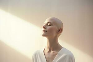 ai gegenereerd portret van Kaukasisch kaal meisje, alopecia en kanker bewustzijn foto
