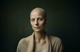 ai gegenereerd portret van Kaukasisch kaal vrouw, alopecia en kanker bewustzijn, kopiëren ruimte foto