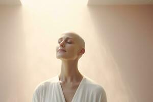 ai gegenereerd portret van Kaukasisch kaal meisje, alopecia en kanker bewustzijn foto