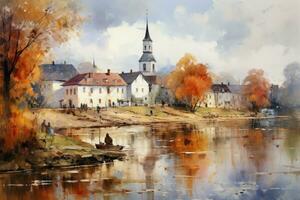 ai gegenereerd herfst in Praag, Tsjechisch republiek. waterverf schilderij Aan canvas, impressionisme kunst van oude vitebsk in de herfst, ai gegenereerd foto