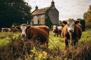 ai gegenereerd kudde van koeien staand in voorkant van een oud boerderij, Ierland vee boerderij met koe familie portret, ai gegenereerd foto