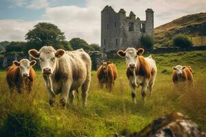 ai gegenereerd koeien in voorkant van een kasteel in de yorkshire dalen, Ierland vee boerderij met koe familie portret, ai gegenereerd foto