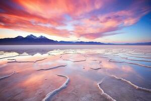 ai gegenereerd zonsondergang over- salar de uyuni zout appartementen, Bolivia, Super goed zout meer, Utah, een verbazingwekkend reizen afbeelding, ai gegenereerd foto