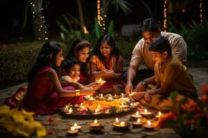 ai gegenereerd Indisch familie verlichting kaarsen gedurende diwali festival in de avond, Indisch Hindoe familie verzameld samen vieren diwali in hun achtertuin tuin, ai gegenereerd foto