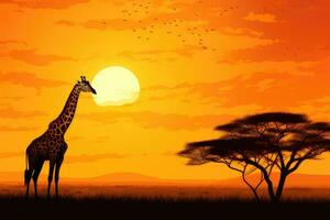 ai gegenereerd giraffe in de savanne Bij zonsondergang. vector illustratie, giraffe silhouet - Afrikaanse dieren in het wild achtergrond - schoonheid in kleur en vrijheid, ai gegenereerd foto