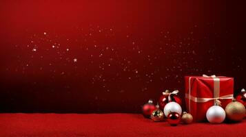 ai gegenereerd rood Kerstmis achtergrond met sterren en geschenk dozen foto
