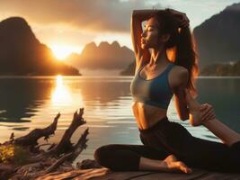ai gegenereerd rustig zonsondergang yoga, een jong vrouw mediteert in natuur foto