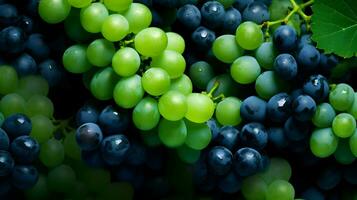 ai gegenereerd veel van blauw en druiven met bladeren. bessen achtergrond. hoog kwaliteit. ai generatief foto