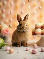 ai gegenereerd schattig Pasen konijn in bloemen met cupcakes. helder roze fotoshoot. voorjaar gevoel. hoog kwaliteit. ai generatief foto