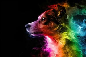 ai gegenereerd hond met regenboog rokerig luminescent behang foto