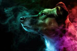 ai gegenereerd hond met regenboog rokerig luminescent behang foto