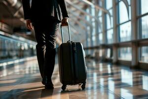 ai gegenereerd zakenman slepen koffer bagage zak in luchthaven, bedrijf reis concept foto