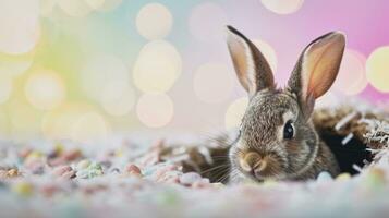 ai gegenereerd aanbiddelijk Pasen konijn met Pasen eieren, kleurrijk Pasen eieren, banier en behang foto