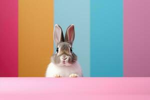 ai gegenereerd aanbiddelijk Pasen konijn met Pasen eieren, kleurrijk Pasen eieren, banier en behang, ai generatief foto