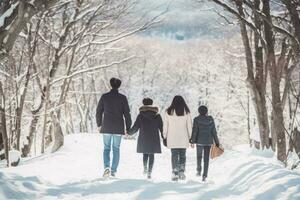 ai gegenereerd familie wandelen samen in een landschap gedekt met geweldig sneeuw, ai generatief foto