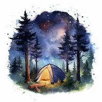 ai gegenereerd een camping tent in de Woud met nacht lucht, waterverf voor t-shirt ontwerp. ai gegenereerd foto