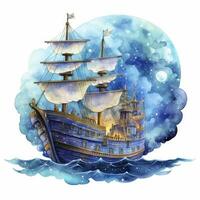 ai gegenereerd nacht zee schip waterverf stijl voor t-shirt ontwerp. ai gegenereerd foto