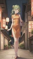 ai gegenereerd schattig anime meisje karakter vervelend Chinese cheongsam zansae qipao mandarijn- japon voor zichtbaar roman festival achtergrond foto