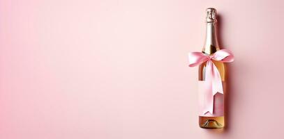 ai gegenereerd generatief ai, roze Champagne fles mockup met boog Aan roze achtergrond foto