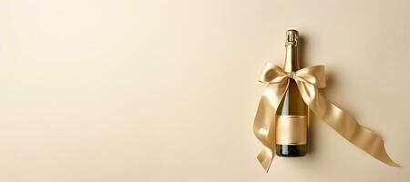 ai gegenereerd generatief ai, beige Champagne fles mockup met boog Aan beige achtergrond foto