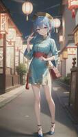 ai gegenereerd schattig anime meisje karakter vervelend Chinese cheongsam zansae qipao mandarijn- japon voor zichtbaar roman festival achtergrond foto