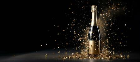 ai gegenereerd generatief ai, gouden Champagne fles mockup met glas Aan donker achtergrond, gouden lichten en confetti foto