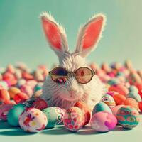 ai gegenereerd hippie konijn met zonnebril met kleurrijk geschilderd Pasen eieren. concept van gelukkig Pasen dag. foto