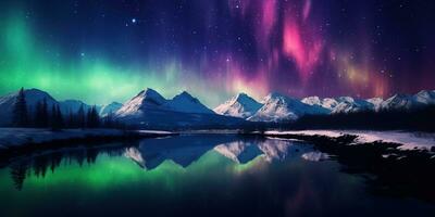 ai gegenereerd generatief ai, groen en roze noordelijk lichten bovenstaand besneeuwd bergen, winter landschap, Aurora en reflectie Aan de water oppervlakte foto
