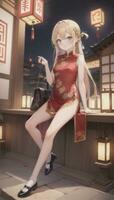 ai gegenereerd schattig anime meisje karakter vervelend Chinese cheongsam zansae qipao mandarijn- japon voor zichtbaar roman festival achtergrond foto