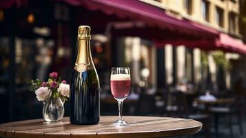 ai gegenereerd generatief ai, glas van Champagne en fles Aan houten tafel met vervagen achtergrond met lichten van straat bar, cafe, koffie winkel of restaurant, drinken bespotten omhoog foto