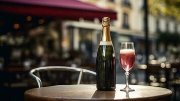 ai gegenereerd generatief ai, glas van Champagne en fles Aan houten tafel met vervagen achtergrond met lichten van straat bar, cafe, koffie winkel of restaurant, drinken bespotten omhoog foto