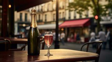 ai gegenereerd generatief ai, glas van Champagne en fles Aan houten tafel met vervagen achtergrond met lichten van straat bar, cafe, koffie winkel of restaurant, drinken bespotten omhoog foto