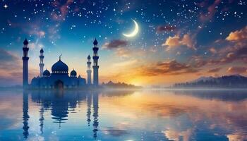 ai gegenereerd Ramadan kareem religieus achtergrond met moskee silhouetten weerspiegeld in sereen zee foto