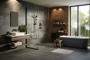 ai gegenereerd badkamer met strak oppervlakken en een minimalistisch ontwerp, benadrukkend eenvoud en kalmte foto