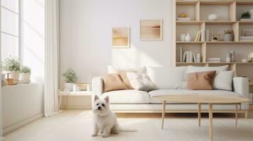 ai gegenereerd modern interieur van helder, knus leven kamer in een Scandinavisch stijl in zacht kleuren met rasecht wit bichon frisé hond. reclame, banier, poster, aanplakbiljet. ideaal voor huisdier, huis foto