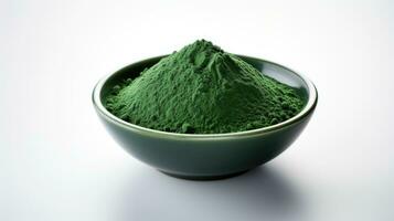 ai gegenereerd spirulina of chlorella groen poeder in een kom Aan een wit achtergrond. droog zeewier. gezond superfood. matcha poeder. dichtbij omhoog. voedsel supplement. voor reclame, verpakking, label, marke foto